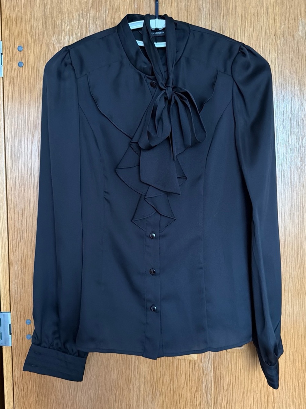 Black Ruffle Tie-Neck Blouse - Women's Top